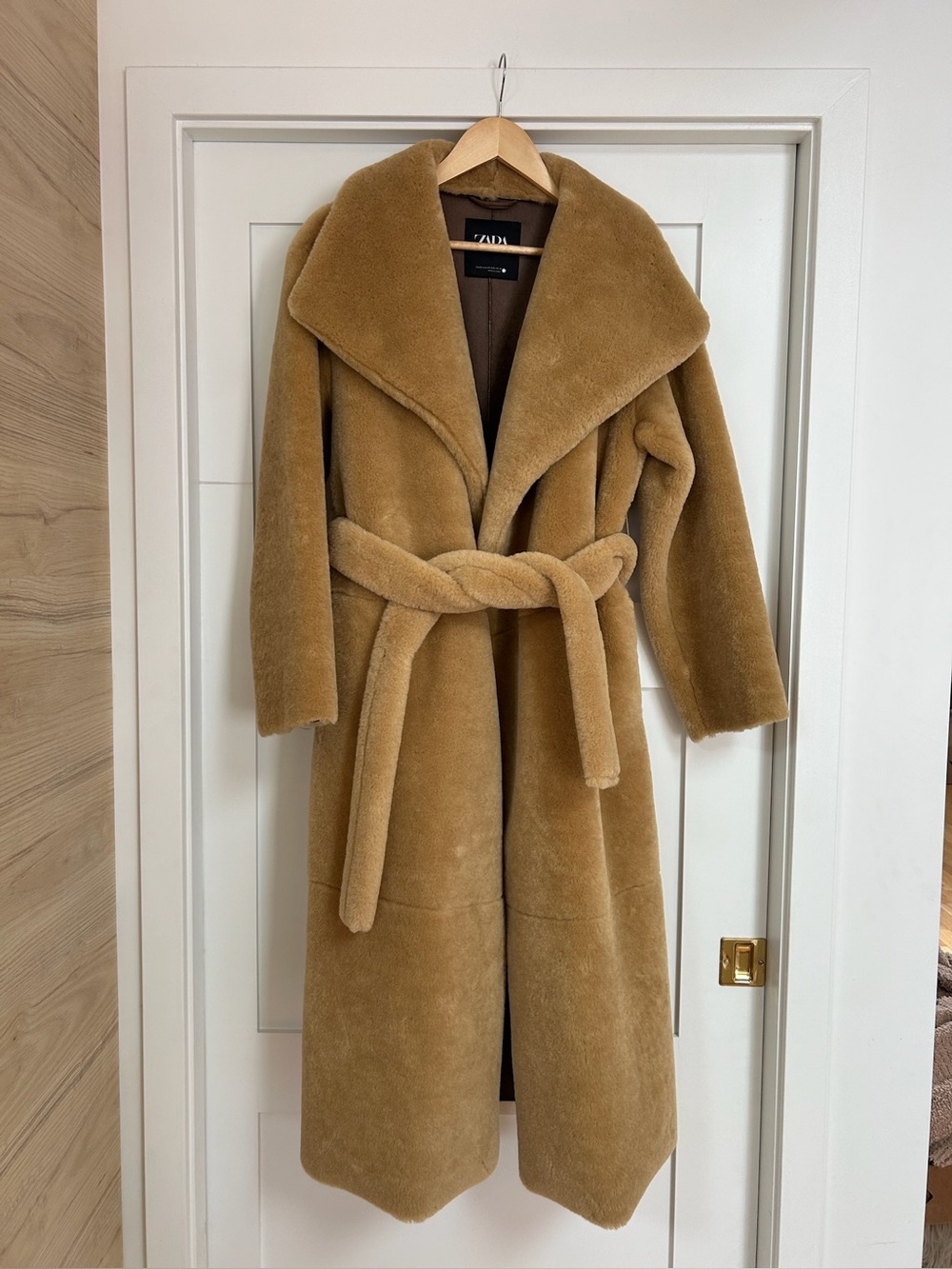 Zara Camel Faux Shearling Long Belted Coat